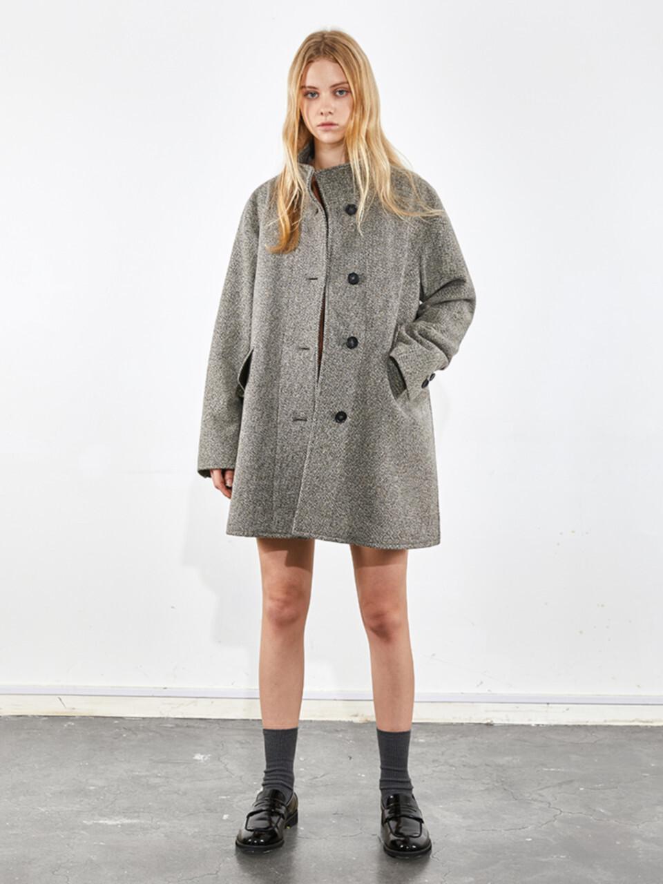 VOYONN China Collar Side-slit Homespun Half Coat [Grey] (0090)