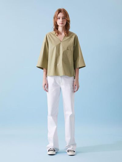 VOYONN Coated Cotton V-neck Short Sleeve Shirt [Khaki] (001)