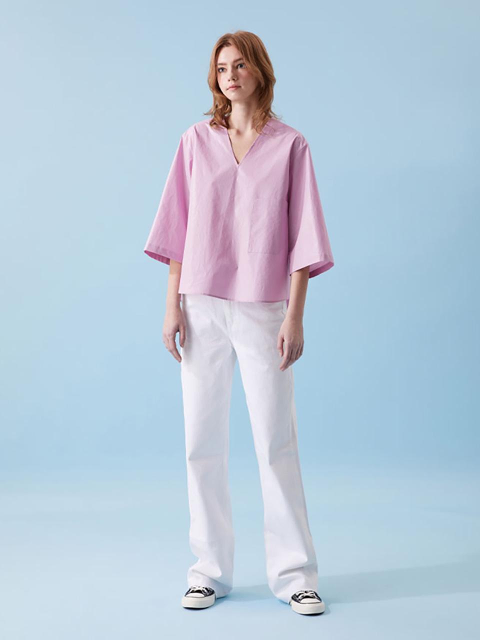 VOYONN Coated Cotton V-neck Short Sleeve Shirt [Violet] (001)