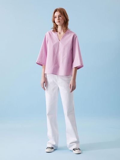 VOYONN Coated Cotton V-neck Short Sleeve Shirt [Violet] (001)