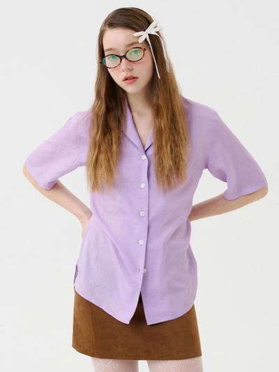 VOYONN Crinkle Acetate Short-Sleeve Blouse [Violet] (0141)