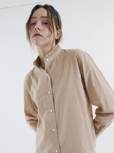 VOYONN Frill China Collar Cotton-Linen Shirt [Beige] (0093)