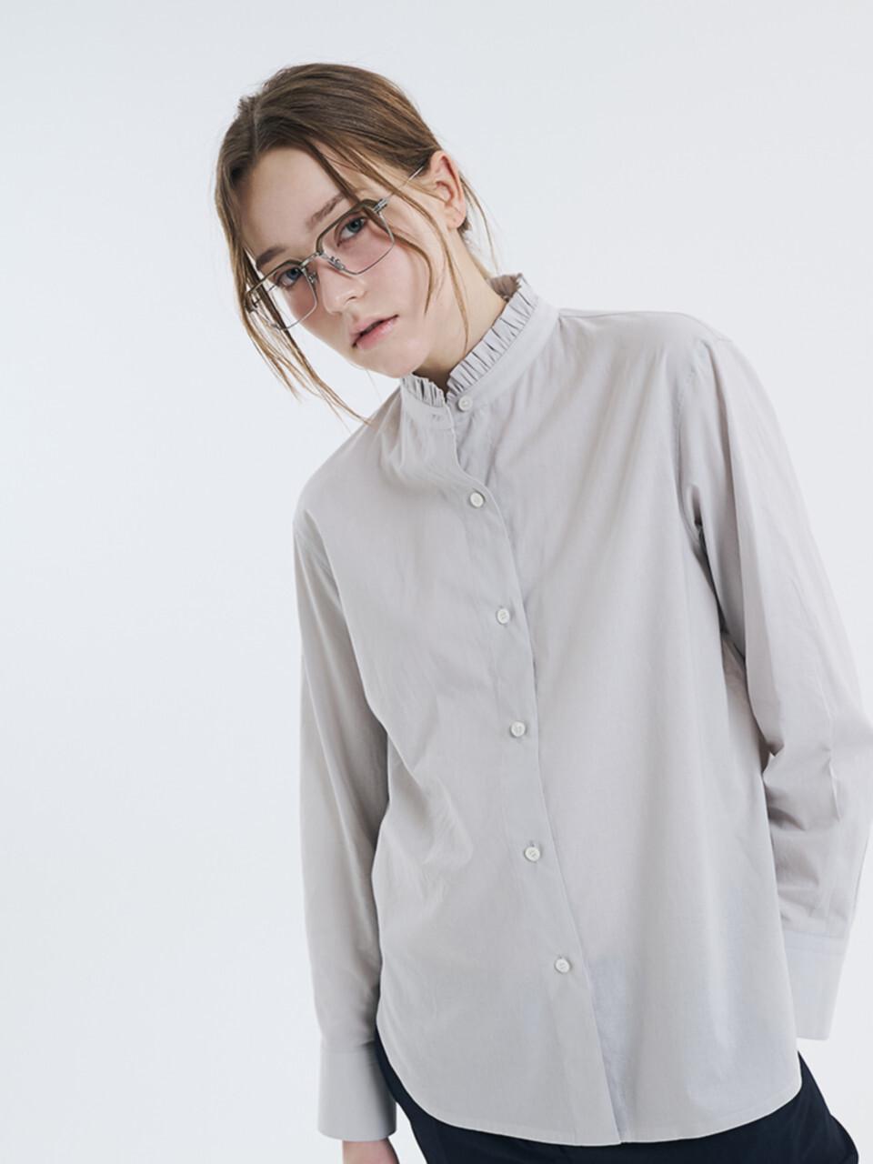 VOYONN Frill China Collar Cotton-Linen Shirt [Silver Gray] (0093)