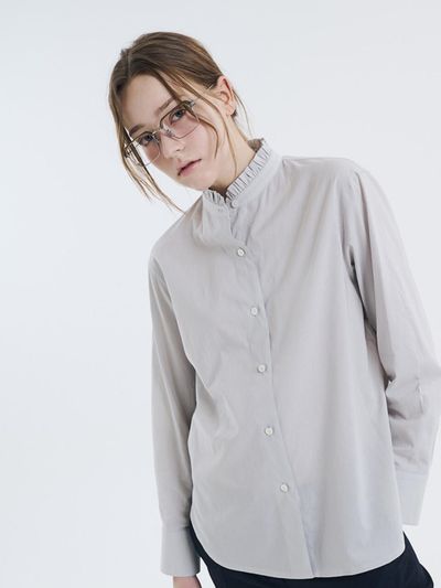 VOYONN Frill China Collar Cotton-Linen Shirt [Silver Gray] (0093)