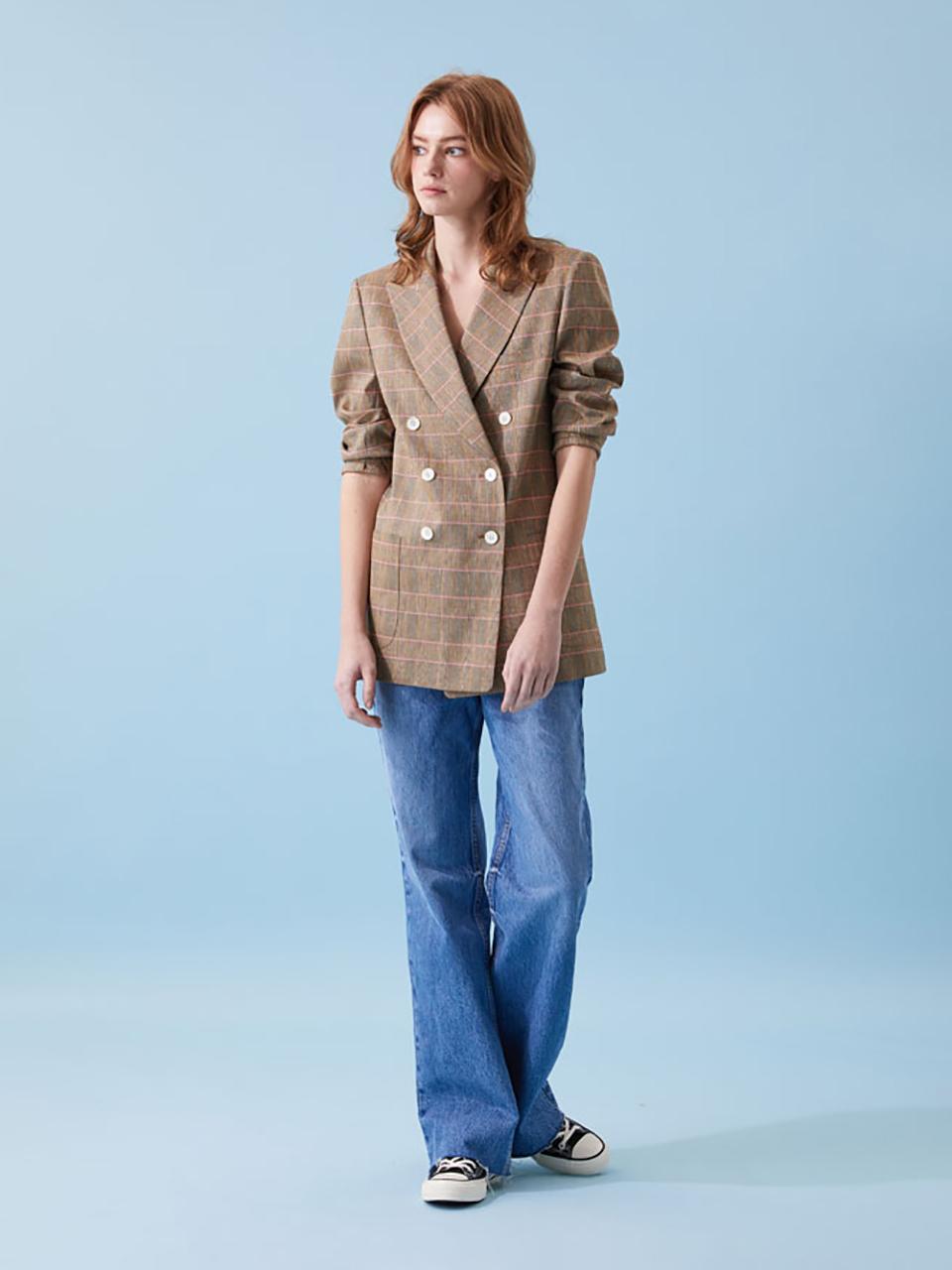 VOYONN Linen Check Double Blazer [Brown] (024B)