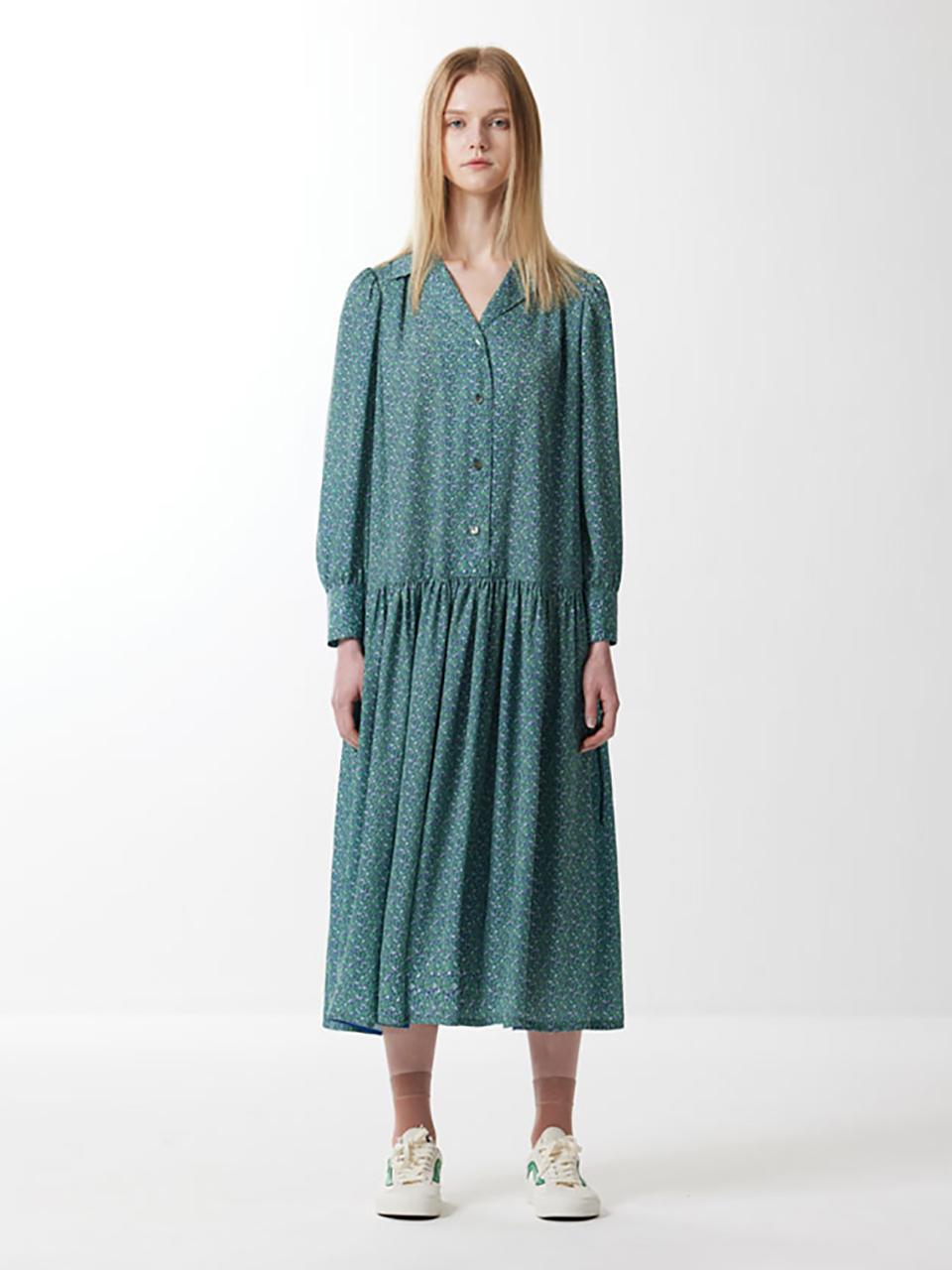 VOYONN Satin Poly Print Shirring Shirt Dress (0052)