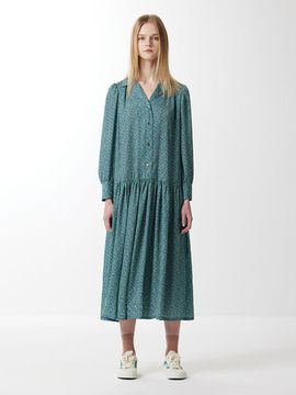 VOYONN Satin Poly Print Shirring Shirt Dress (0052)
