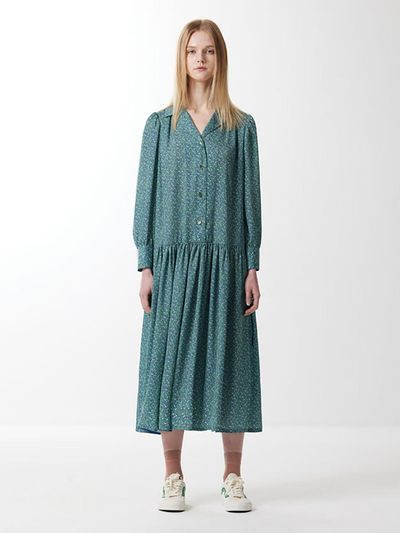 VOYONN Satin Poly Print Shirring Shirt Dress (0052)