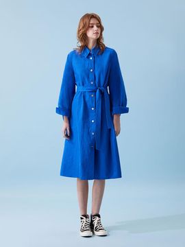 VOYONN Sleeve Volume Linen Shirt Dress Maxi [Blue] (040)