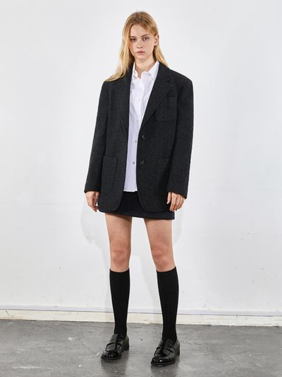 VOYONN Trendy Overfit Herringbone Half-Coat Style Wool Blazer [Black] (0065)