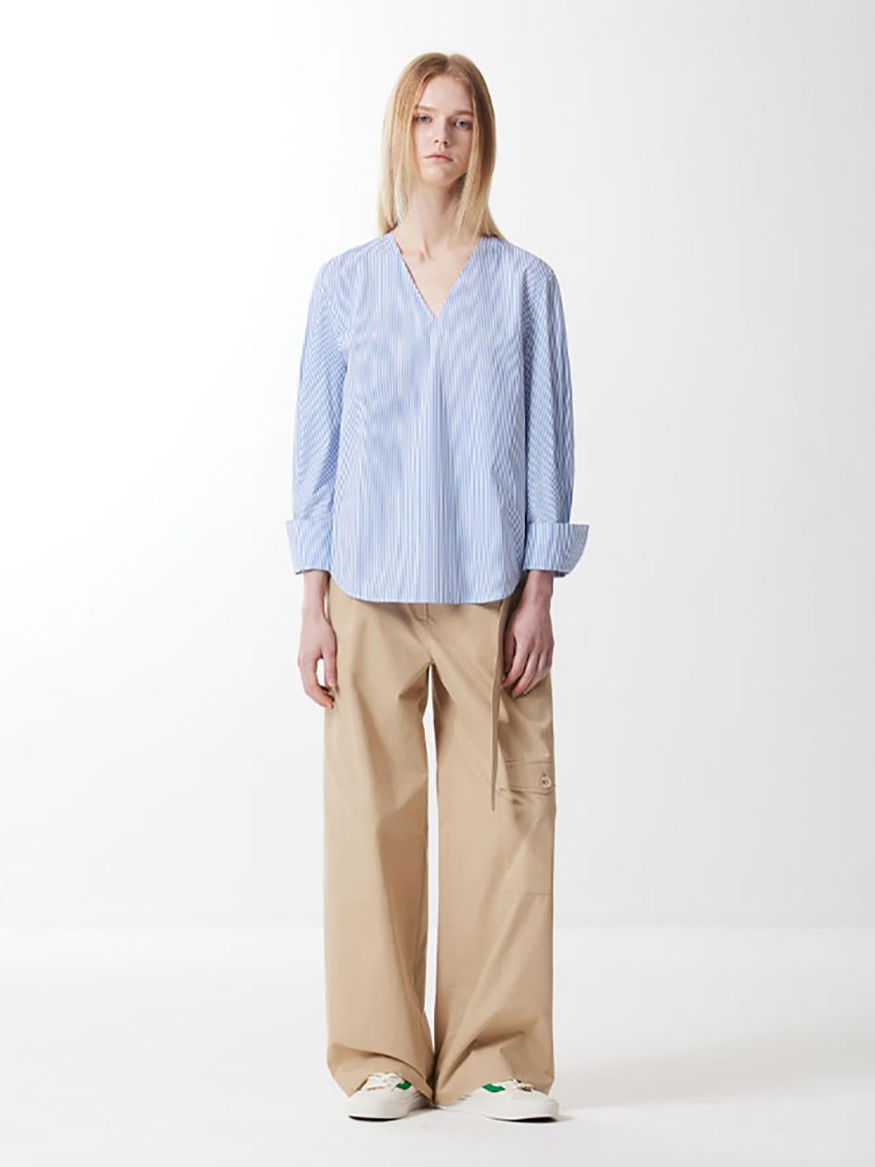 VOYONN V-neck Cotton Stripe Shirt [Blue] (0041)