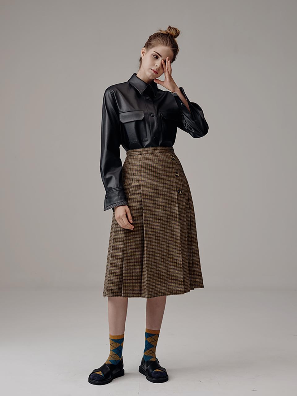 VOYONN Wool Check Pleated Skirt [BROWN] (505)