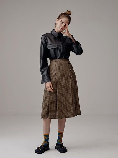VOYONN Wool Check Pleated Skirt [BROWN] (505)