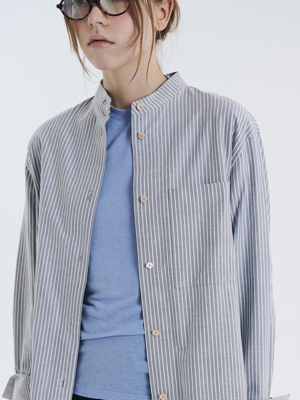 VOYONN Wrist-accent Striped China Cotton Shirt (004) [Grey]