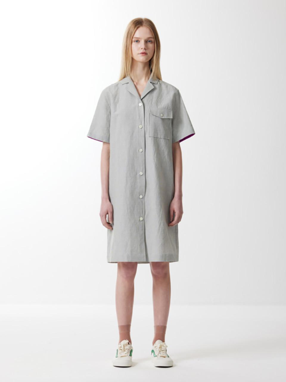 VOYONN Yarn-dyed Linen Contrast Short Sleeve Shirt Dress (0049)