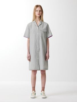 VOYONN Yarn-dyed Linen Contrast Short Sleeve Shirt Dress (0049)