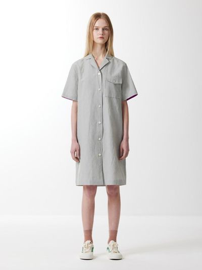 VOYONN Yarn-dyed Linen Contrast Short Sleeve Shirt Dress (0049)