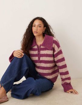 Vrg Grl VRG GRL chunky striped collared sweater in pink-White