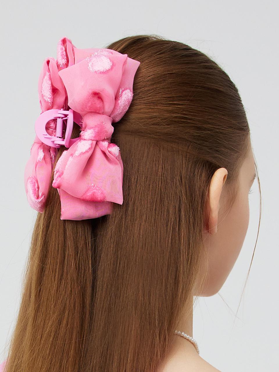 VVV Glitter Heart Chiffon Ribbon Hair Clip [Pink]