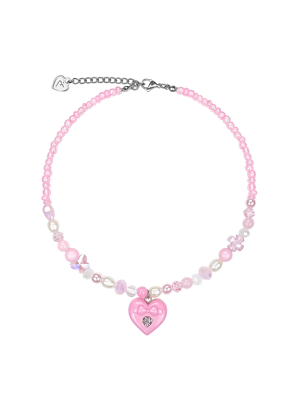VVV Pink Ribbon Heart Mix Beads Necklace