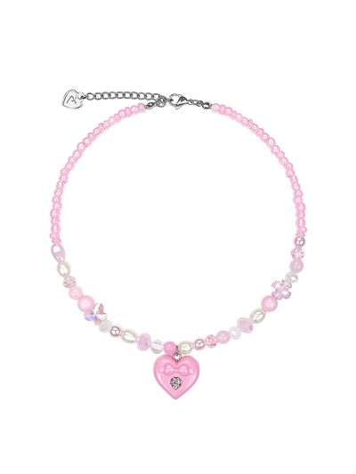 VVV Pink Ribbon Heart Mix Beads Necklace