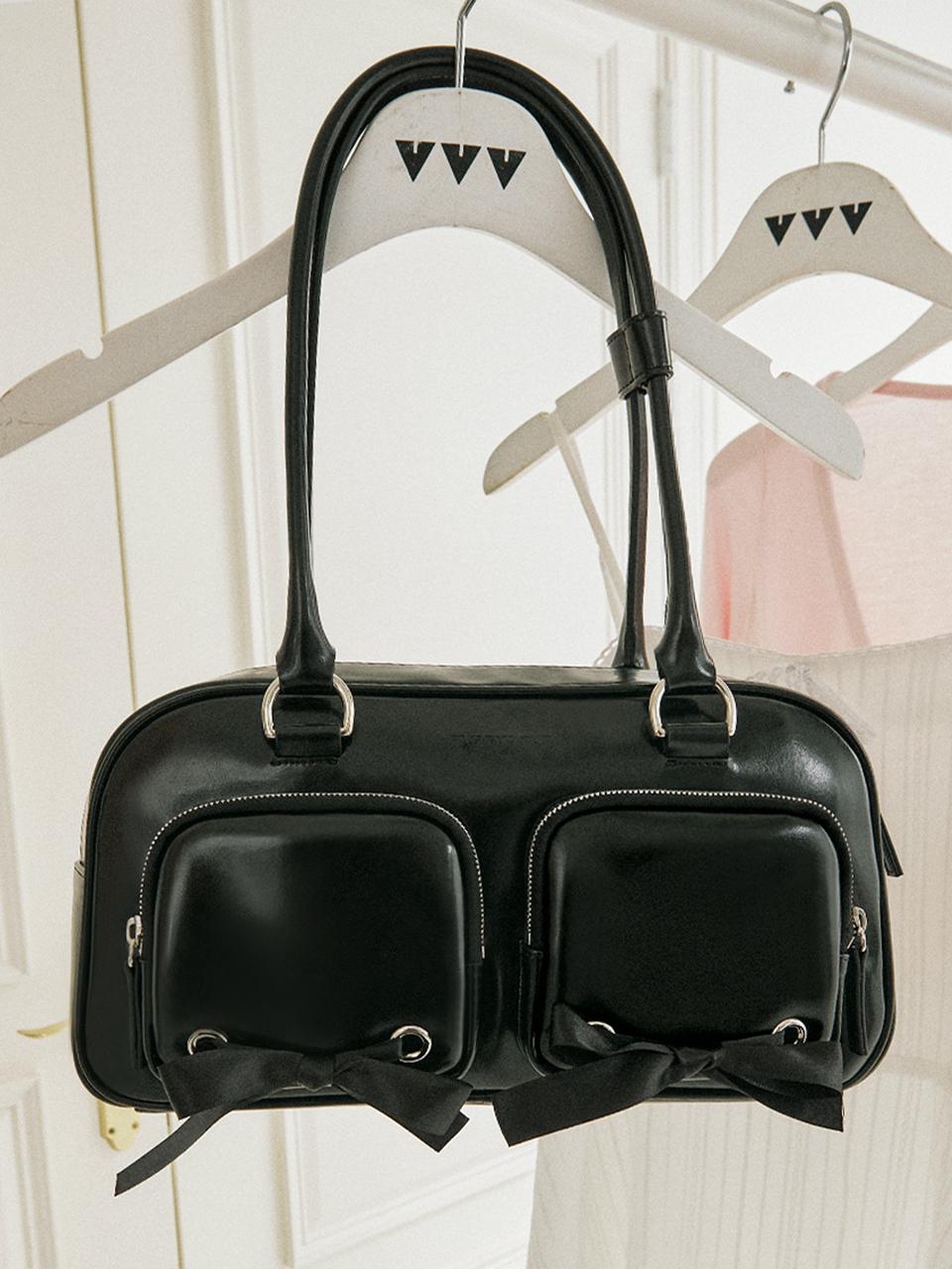 VVV Ribbon Pocket Tote Shoulder Bag [Black]