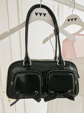 VVV Ribbon Pocket Tote Shoulder Bag [Black]