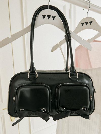 VVV Ribbon Pocket Tote Shoulder Bag [Black]