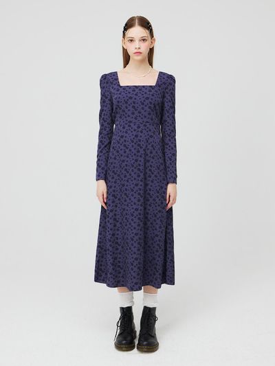VVV Square Neck Long Sleeve Long Dress [Navy]