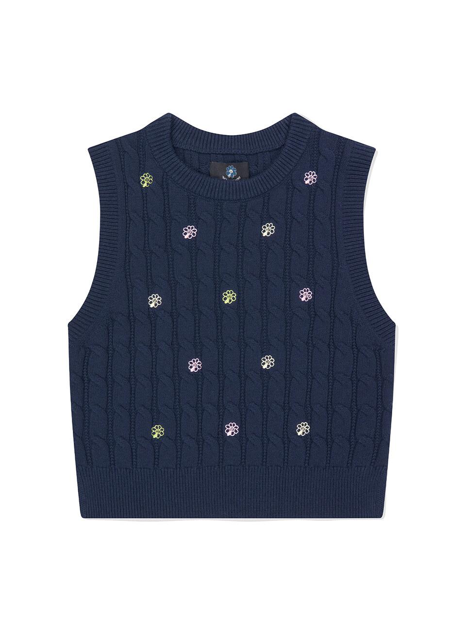 Wacky Willy Flory Embroidery Cable Knit Vest_ Navy