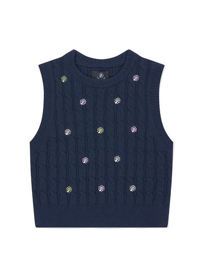 Wacky Willy Flory Embroidery Cable Knit Vest_ Navy