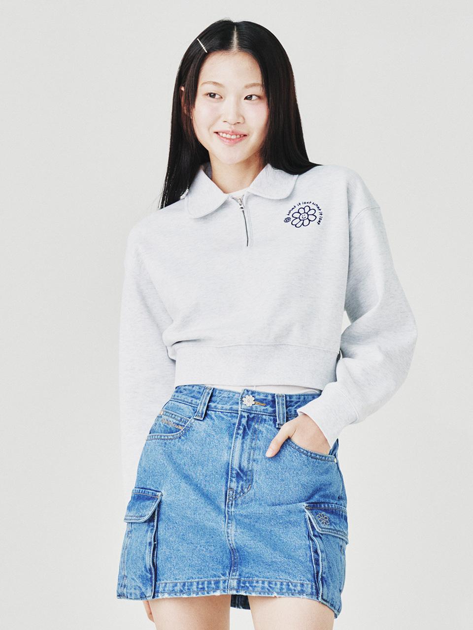 Wacky Willy Flory Embroidery Half Zip-up Sweatshirt_Light Gray