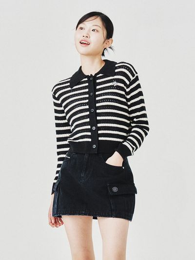 Wacky Willy Flory Logo Stripe Collared Cardigan_Black