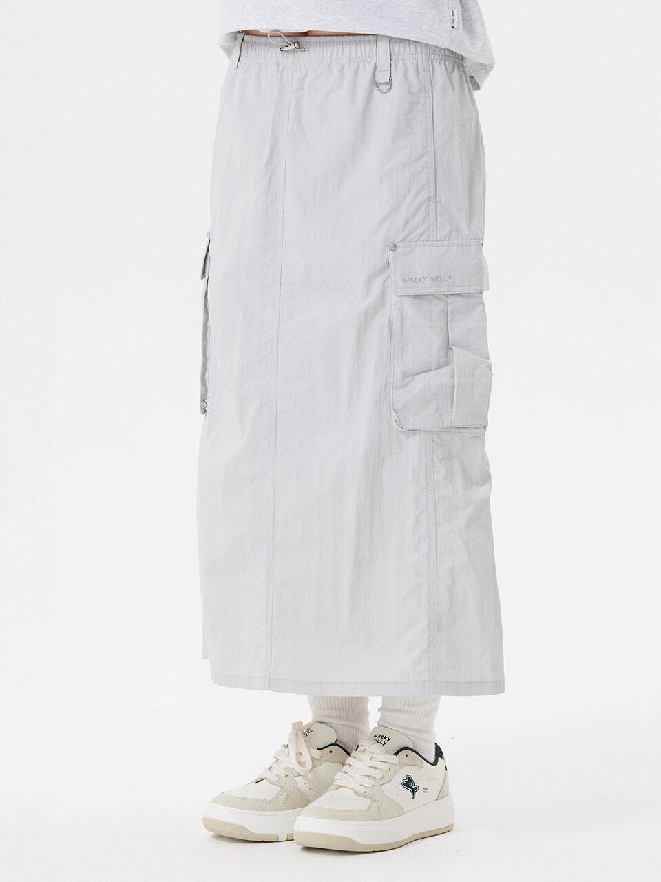 Wacky Willy Nylon Cargo Drawstring Long Maxi Skirt [Grey]