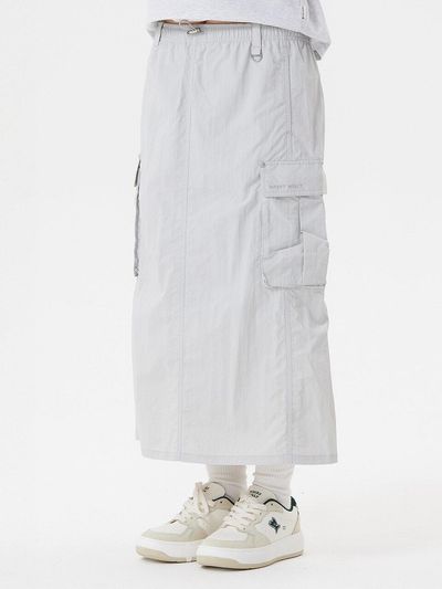Wacky Willy Nylon Cargo Drawstring Long Maxi Skirt [Grey]