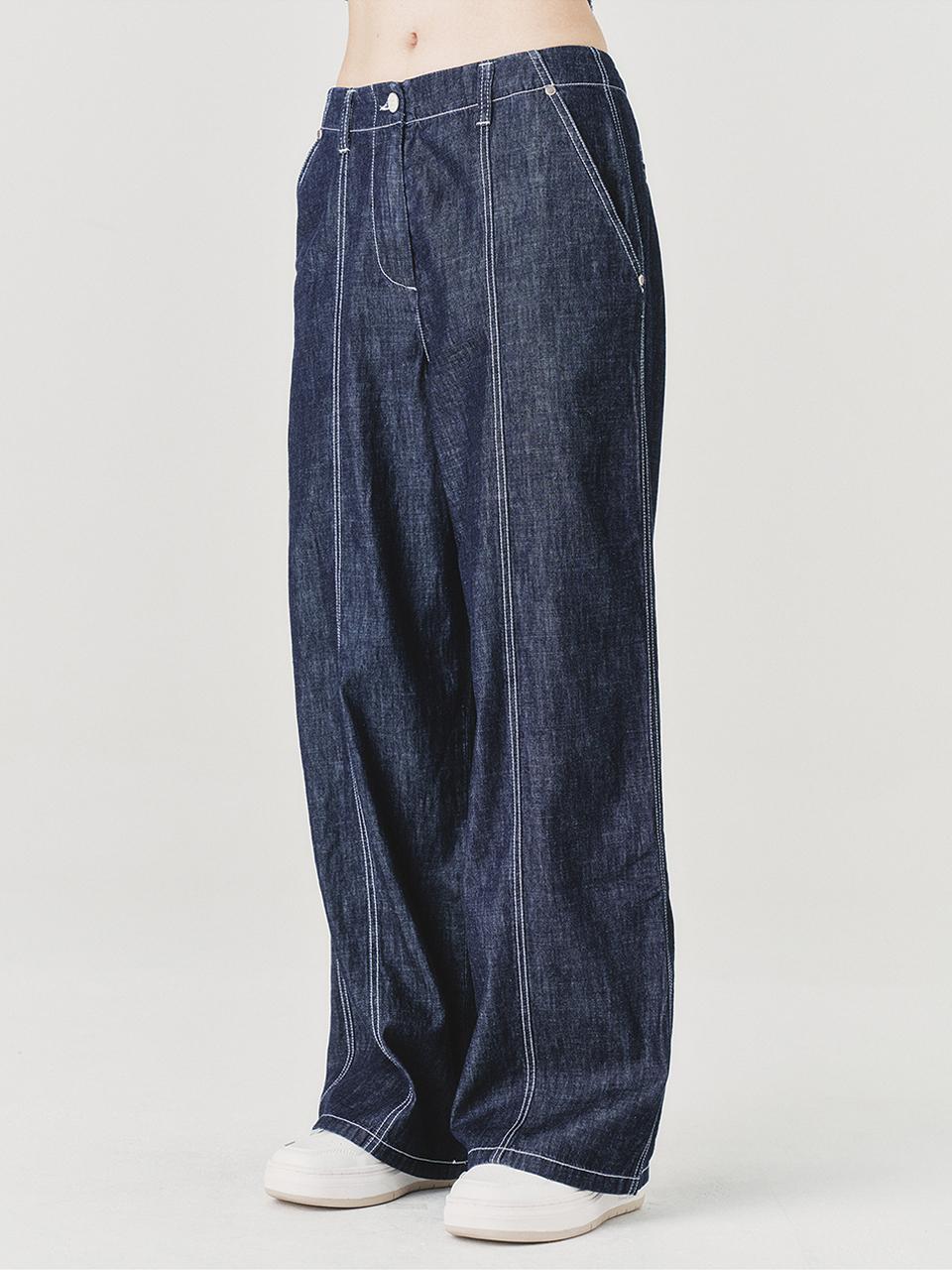 Wacky Willy Womens Wide-Leg Stitch Denim Pants Indigo