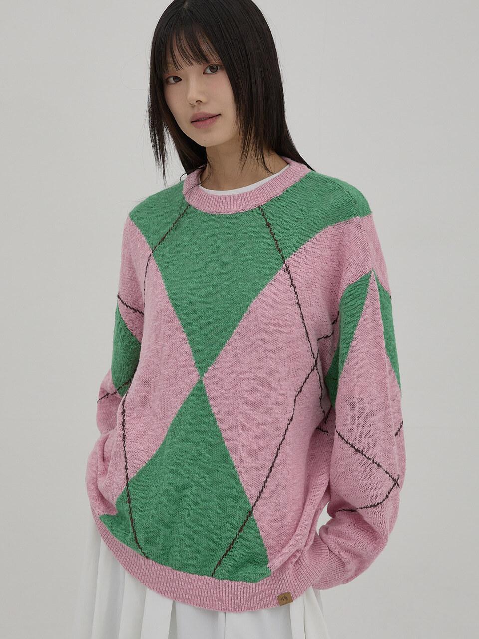 WAIKEI Big Argyle Boucle Knit Sweater [Green]