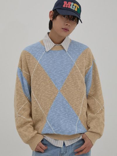 WAIKEI Big Argyle Boucle Knit Sweater [Sky Blue]
