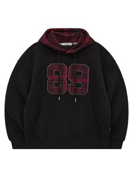WAIKEI color block 89 logo check hooded shirt black