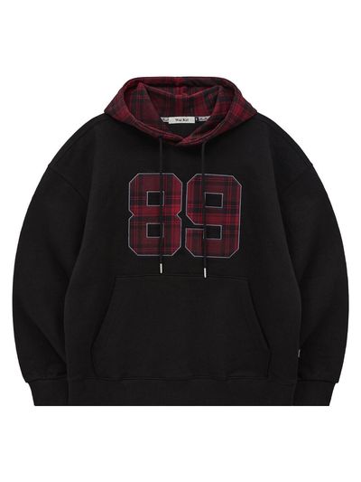 WAIKEI color block 89 logo check hooded shirt black