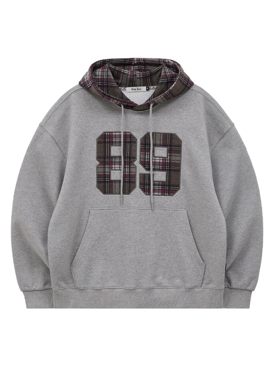 WAIKEI Color block 89 logo checkered hoodie shirt gray