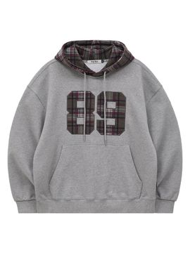 WAIKEI Color block 89 logo checkered hoodie shirt gray