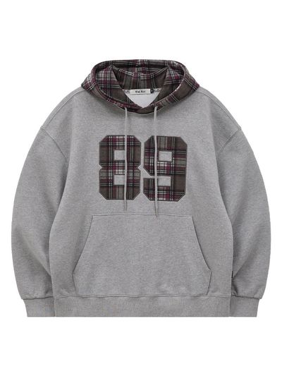 WAIKEI Color block 89 logo checkered hoodie shirt gray