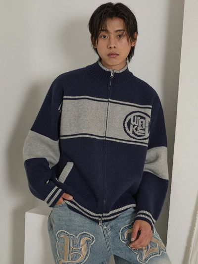 WAIKEI Color Block Logo Zip-Up Cardigan Navy