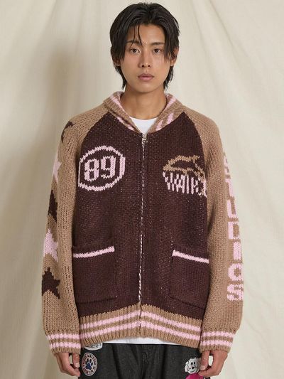 WAIKEI Dolphin Star Logo Zip-Up Heavy Cardigan Brown