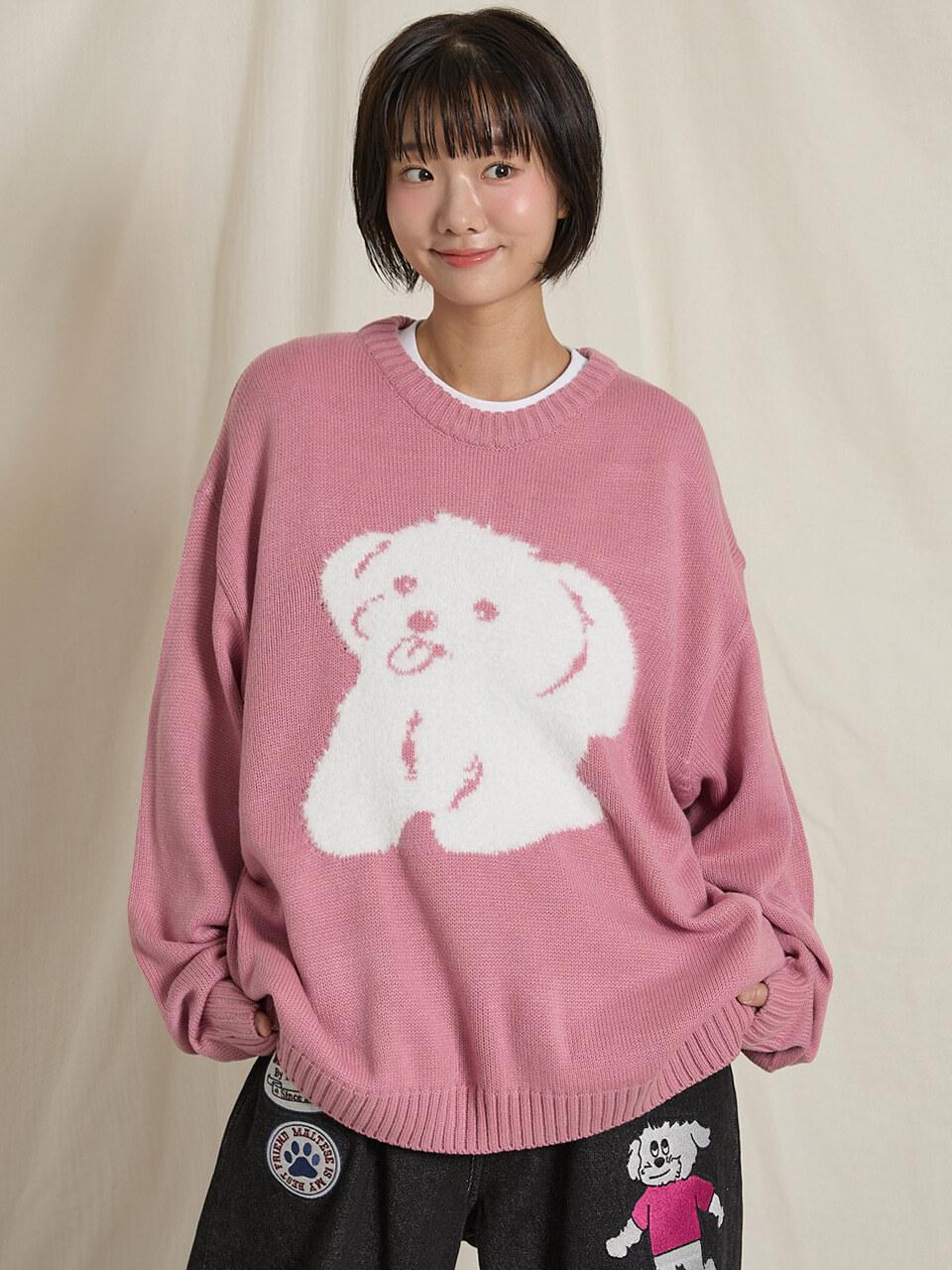 WAIKEI Hairy Maltese Graphic Knit Pink