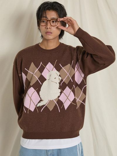 WAIKEI Maltese Argyle Crewneck Knit Brown