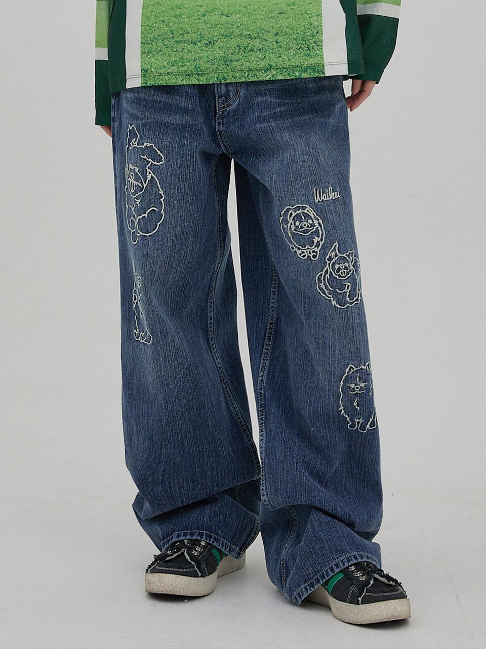 WAIKEI Maltese Crew Line Embroidered Denim Pants [Medium Blue]