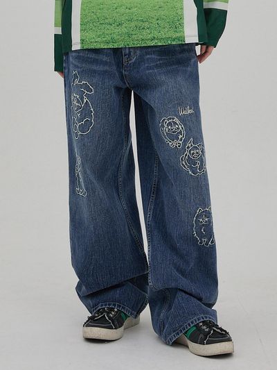 WAIKEI Maltese Crew Line Embroidered Denim Pants [Medium Blue]