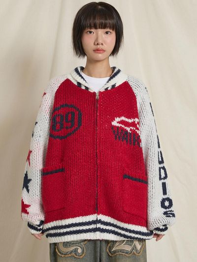 WAIKEI Star Logo Zip-Up Heavy Cardigan Red